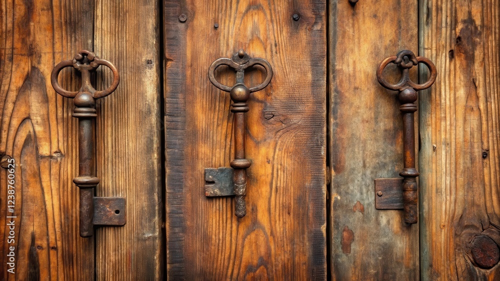 Old wooden door with three antique keys, rusty and worn out, rusty, wood, rusty, wood, old home accessories,keys Old wooden door with three antique keys, rusty and worn out, rusty, wood, rusty, wood, old home accessories,keys