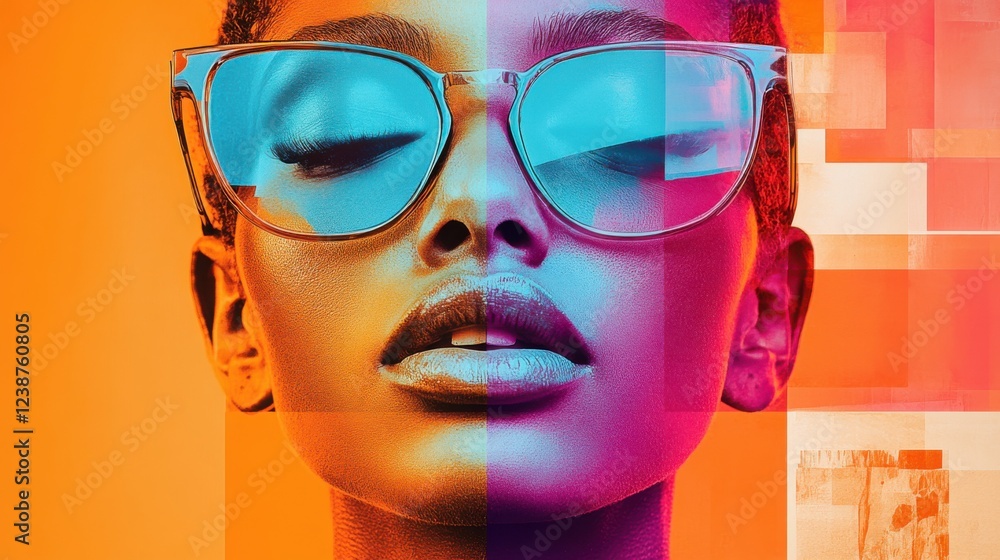 Artistic portrait of woman with blue glasses in vibrant abstract background Artistic portrait of woman with blue glasses in vibrant abstract background