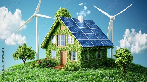 Ecofriendly house solar panels wind turbines green energy sustainable living with blue background