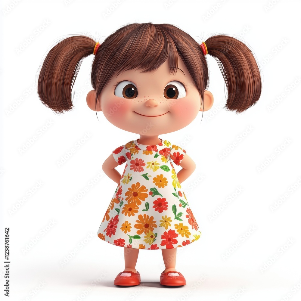 Happy little girl with pigtails, wearing a floral dress, looking joyful and playful, isolated on white background Happy little girl with pigtails, wearing a floral dress, looking joyful and playful, isolated on white background