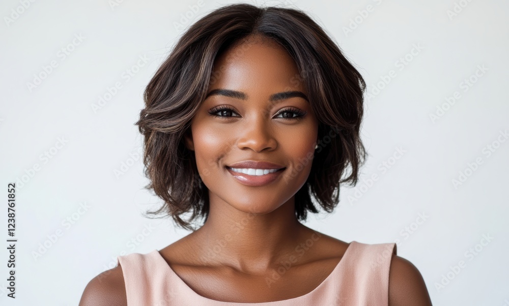 A young black woman in a yellow brown cloth, offering a warm smile on a studio white background. A young black woman in a yellow brown cloth, offering a warm smile on a studio white background.