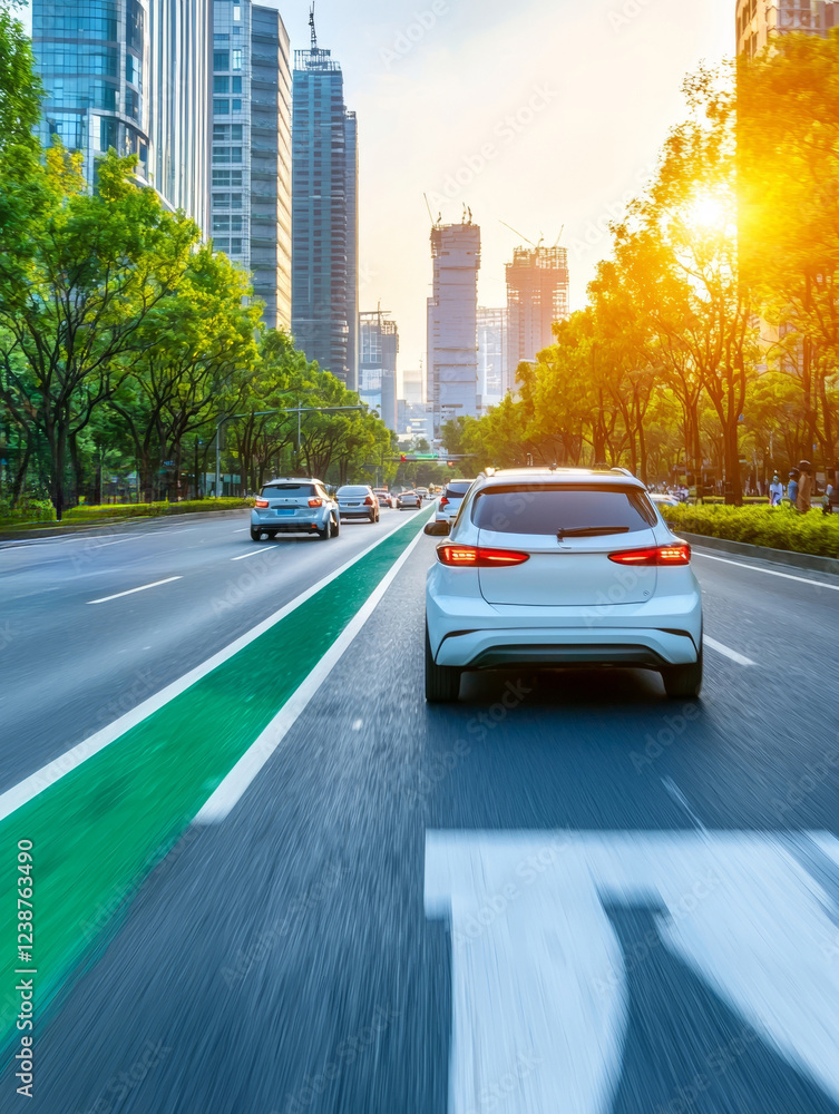 City highway, SUV and car driving, green bike lane, sunset. City highway, SUV and car driving, green bike lane, sunset.