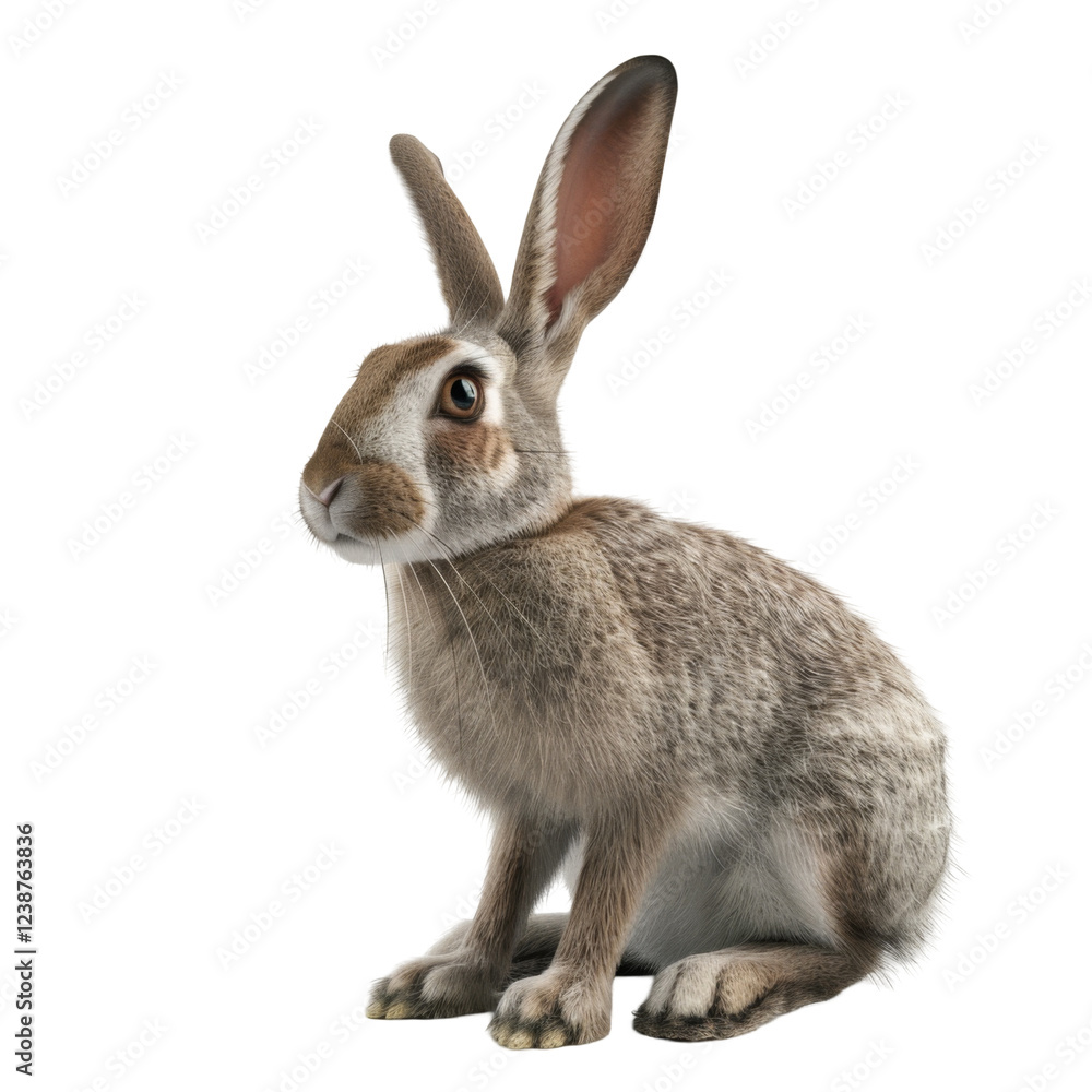 Curious rabbit sitting alertly with usual long ears and short tail in natural brown fur Curious rabbit sitting alertly with usual long ears and short tail in natural brown fur