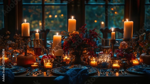 Elegant candlelit dinner table setting with floral centerpiece and herbst decorations photo