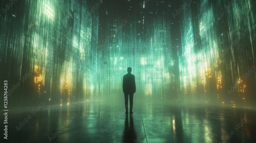 Silhouette of a man standing in futuristic digital corridor with green light patterns Silhouette of a man standing in futuristic digital corridor with green light patterns