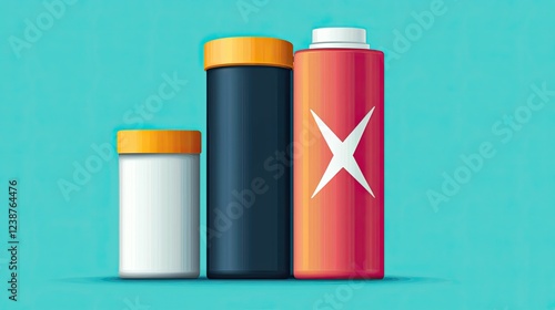 Three stylized containers of varying heights with colorful caps, set against a turquoise background, suggesting a theme of organization or storage. photo