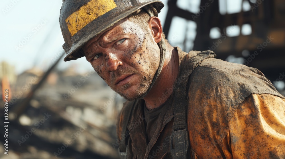 Obraz premium Man in hard hat and dirty clothing working on oil rig, emphasizing the challenging nature of his job.