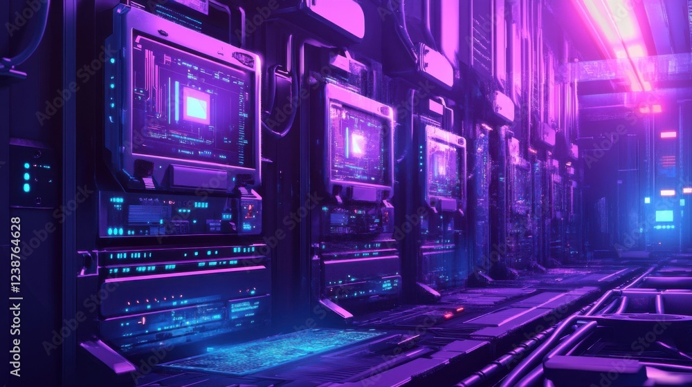 Futuristic neon-lit server room with advanced technology and circuit boards in purple and blue light Futuristic neon-lit server room with advanced technology and circuit boards in purple and blue light
