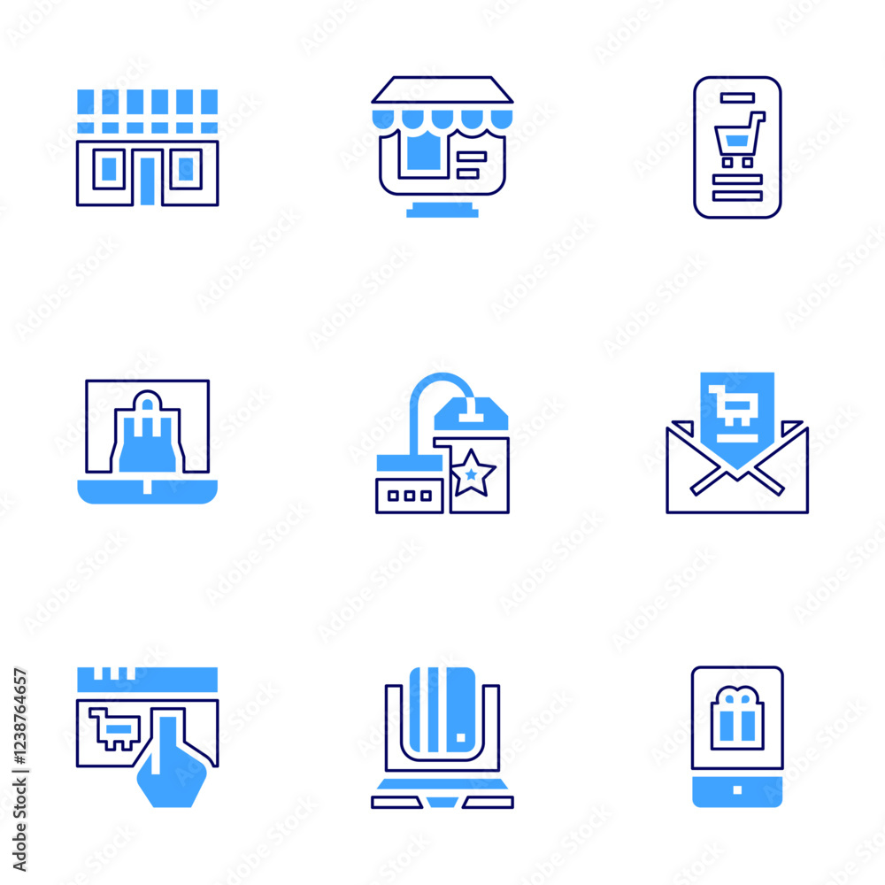 Online shopping icon set. Bold line style. Duotone colors. Editable stroke. onlineshopping, onlinetrading, mail, tag, ecommerce, smartphone, store Online shopping icon set. Bold line style. Duotone colors. Editable stroke. onlineshopping, onlinetrading, mail, tag, ecommerce, smartphone, store