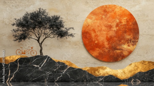 Abstract art with orange circle, tree, and bicycle on textured background photo