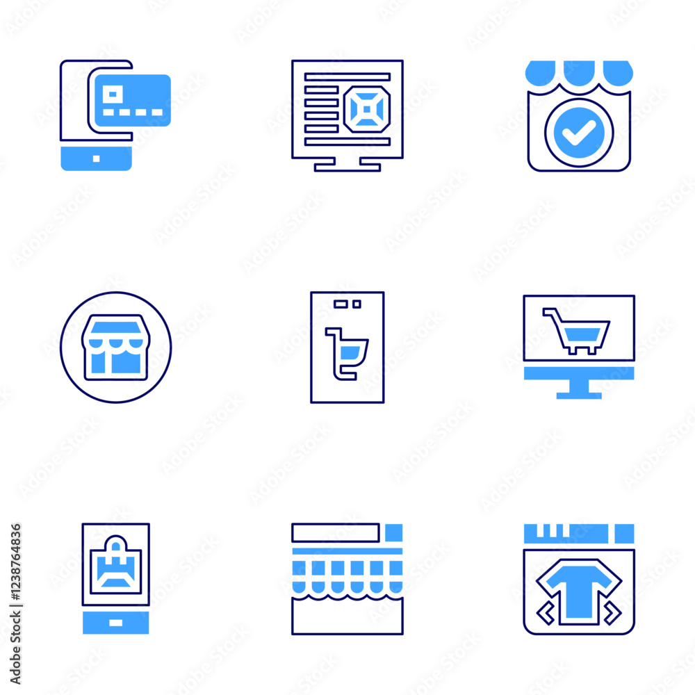 Online shopping icon set. Bold line style. Duotone colors. Editable stroke. shop, onlineshopping, shoppingapp, onlinepayment, onlinestore, onlineshop, ecommerce, store Online shopping icon set. Bold line style. Duotone colors. Editable stroke. shop, onlineshopping, shoppingapp, onlinepayment, onlinestore, onlineshop, ecommerce, store