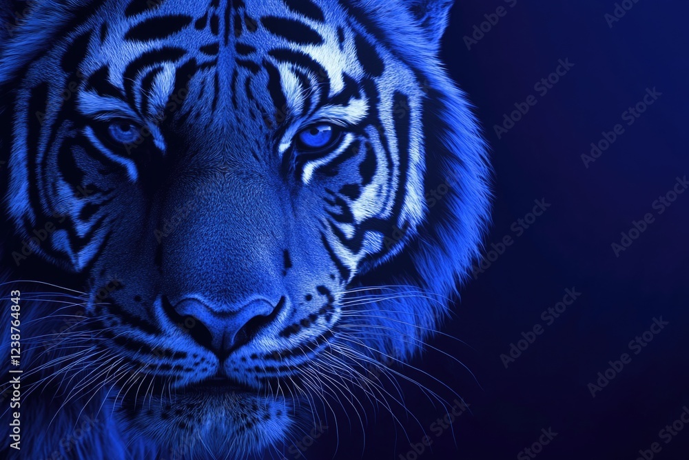 Fototapeta A captivating image of a Bengal tiger looking directly at the camera with a blue lighting effect that adds to its majestic and mystical appearance.
