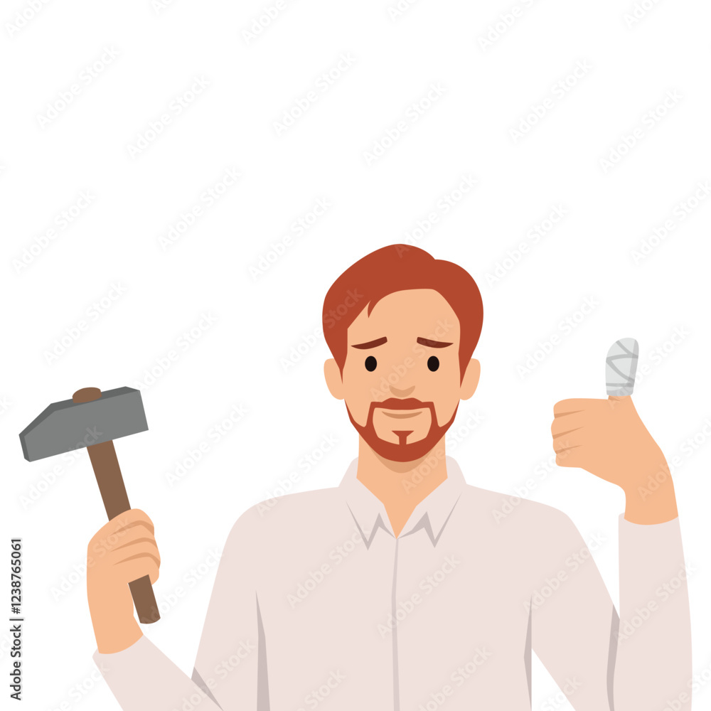 DIY Accident. Man holding hammer and showing a bandaged thumb, injury from working with tools. Flat vector illustration isolated on white background DIY Accident. Man holding hammer and showing a bandaged thumb, injury from working with tools. Flat vector illustration isolated on white background