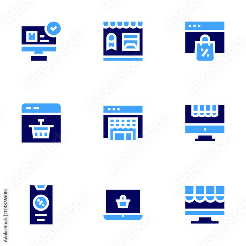 Online shopping icon set. Bold style. Duotone colors. online shopping, online shop, online discount, online order, e commerce