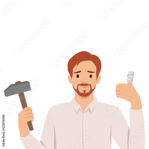 DIY Accident. Man holding hammer and showing a bandaged thumb, injury from working with tools. Flat vector illustration isolated on white background