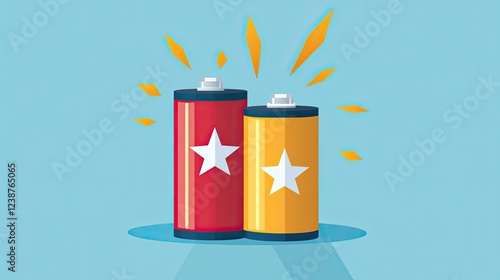 Two colorful batteries with stars, emitting energy spikes against a blue background, symbolizing power and vibrancy. photo