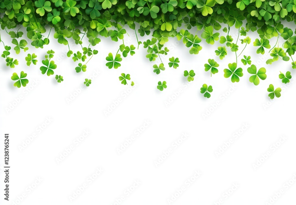 St. Patrick's Day, Happy St. Patrick's Day background with shamrock leaves on a white banner template. Greeting card design for St. Patrick's Day celebration. green clover isolated on a white backdrop St. Patrick's Day, Happy St. Patrick's Day background with shamrock leaves on a white banner template. Greeting card design for St. Patrick's Day celebration. green clover isolated on a white backdrop