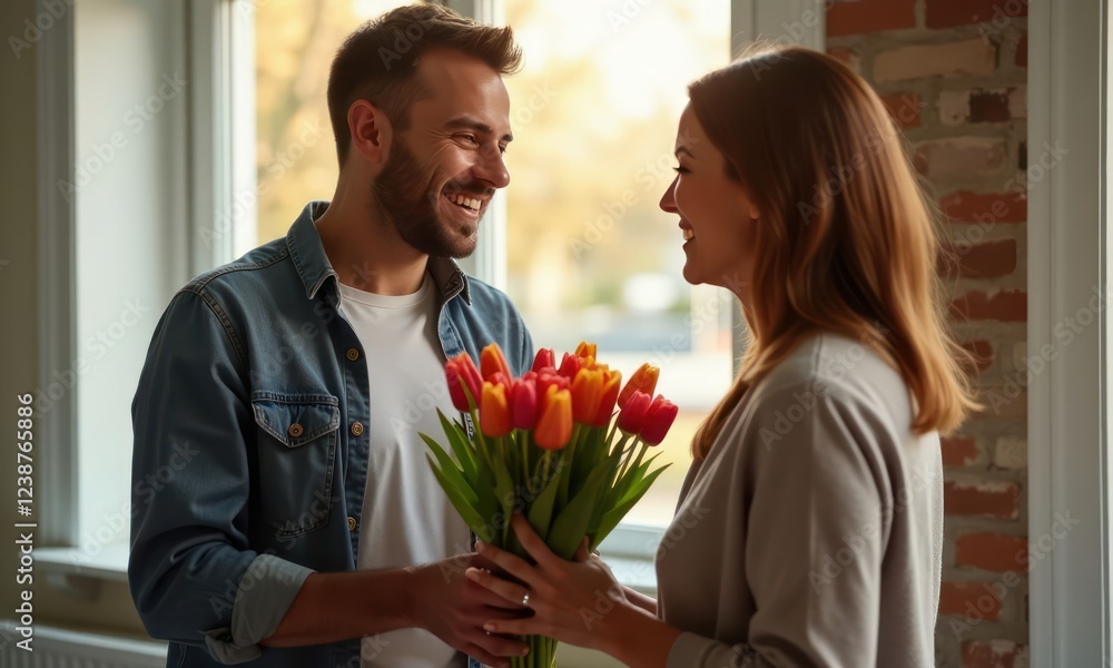 Man holds bouquet of tulips flowers for pretty smiling woman. Concept of womens day or holiday Man holds bouquet of tulips flowers for pretty smiling woman. Concept of womens day or holiday