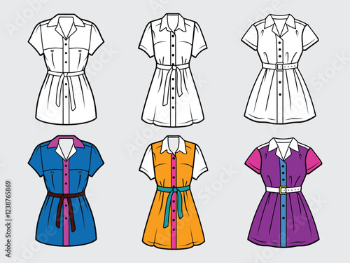 Women shirt dress button down short sleeve collared. Line art and coloring icon vector illustration.