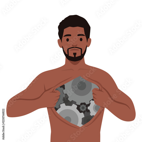 Cyborg Identity. Man pulling open his chest to reveal mechanical gears inside, Fusion of machine. Flat vector illustration isolated on white background