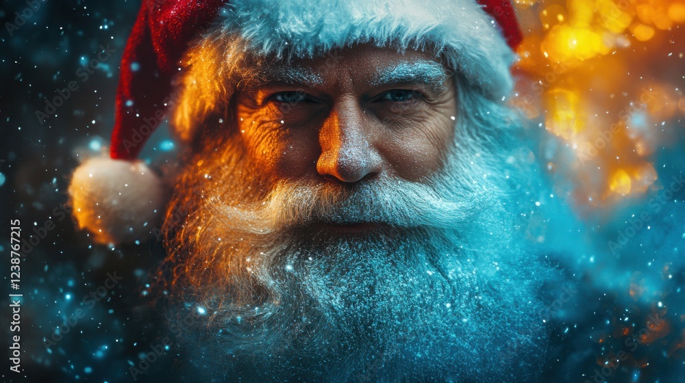 Elderly man in santa hat smiling surrounded by snowflakes and warm holiday glow Elderly man in santa hat smiling surrounded by snowflakes and warm holiday glow
