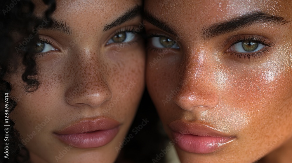 Side-by-side comparison of matte and dewy skin finishes Side-by-side comparison of matte and dewy skin finishes
