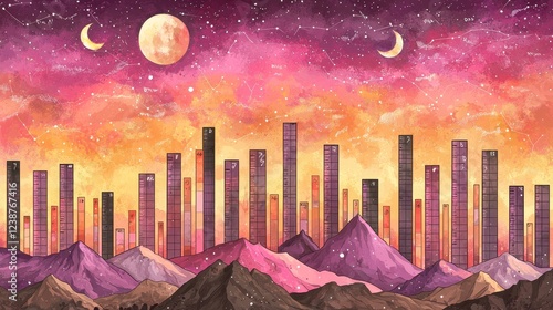 Vibrant Conceptual Digital Galaxy with Mountains and Statistically Inspired Bars photo