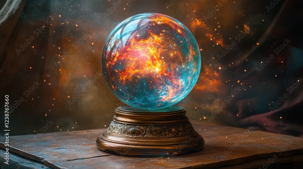 Mystical crystal ball encompassing cosmic galaxy and nebula on wooden table Mystical crystal ball encompassing cosmic galaxy and nebula on wooden table