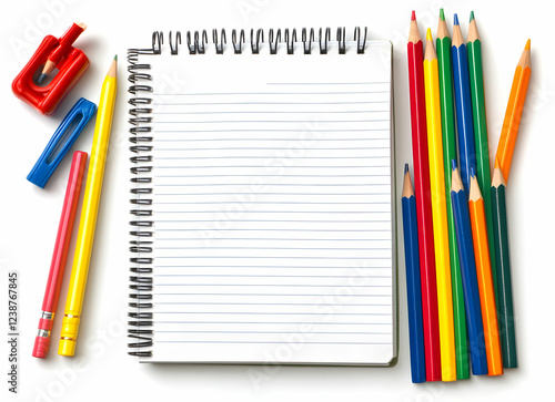 Blank Spiral Notebook Surrounded by Colorful Pencils and Stationery photo