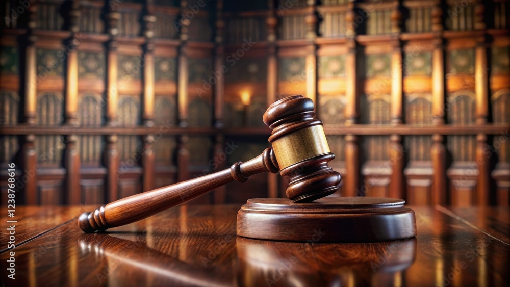 A Polished Wooden Gavel Rests on a Rich Mahogany Sound Block in a Traditional Courtroom Setting A Polished Wooden Gavel Rests on a Rich Mahogany Sound Block in a Traditional Courtroom Setting