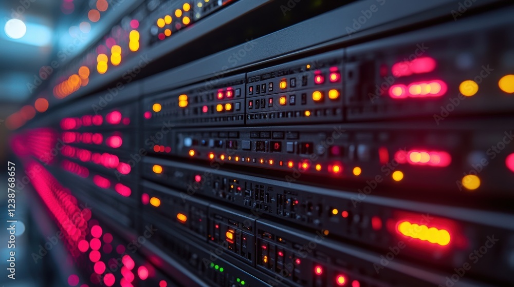 Close-up view of illuminated server racks in a data center showcasing technology and connectivity (2) Close-up view of illuminated server racks in a data center showcasing technology and connectivity (2)