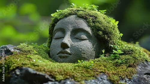 Moss Covered Stone Head Peaceful Serenity