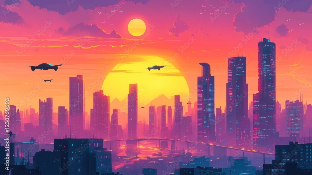 Fototapeta premium Futuristic Cityscape Sunset Aerial Vehicles