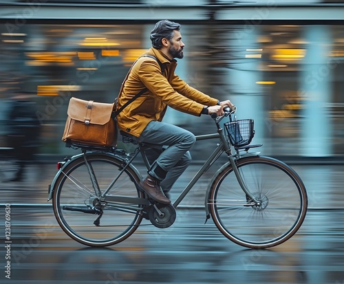 Person riding a bicycle in a silhouette style with city background and cycling activity elements Riding a bicycle to deliver documents in the city. photo