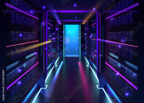 Future technology. Digital data tech center. Abstract concept of server door or portal. 3D metaverse entrance. Futuristic room. Electric light. Spotlight reflection. Vector background