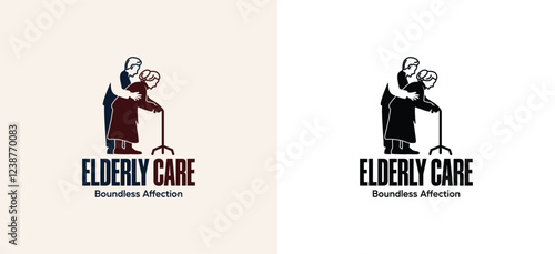 Elderly logo design, vector of elderly couple walking together using walking sticks and hugging