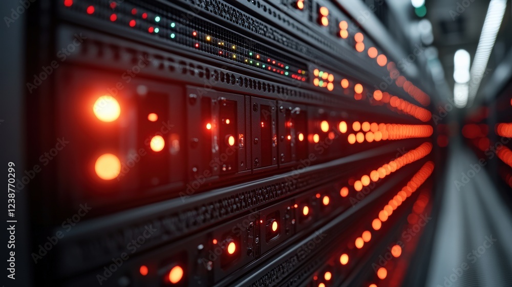 Close-up view of illuminated server racks in a data center showcasing technology and connectivity Close-up view of illuminated server racks in a data center showcasing technology and connectivity