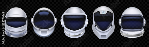 Astronaut helmet. 3D space suit. Spaceman uniform. Spacesuit with glass reflection. Cosmonaut on spaceship. Galaxy explorer equipment. Protective headwear. Vector cosmic objects set