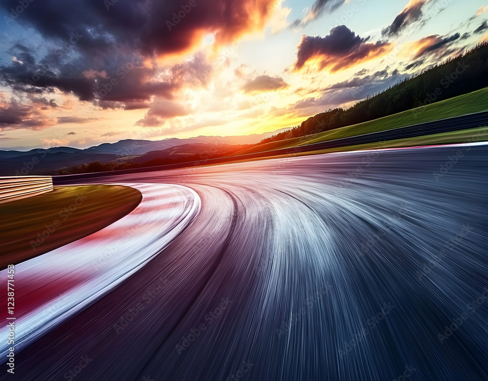 Naklejka premium Sunset Race Track: A Dynamic Vista of Speed and Nature's Majesty
