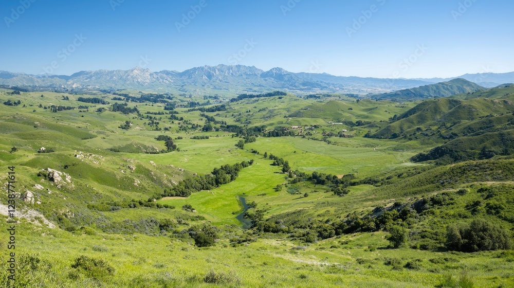 Naklejka premium Serene valley landscape, river flowing, mountains background, idyllic scenery, nature tourism
