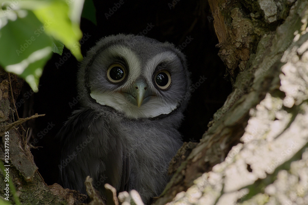 Young owl peeking out from tree hollow in nature Young owl peeking out from tree hollow in nature