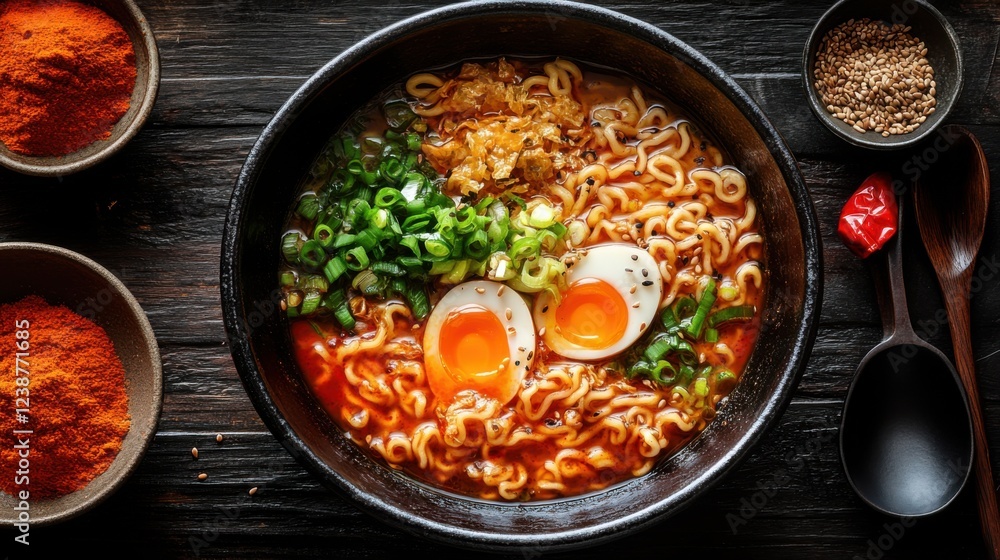 Delicious spicy ramen with eggs and vegetables in a dark ceramic bowl on wooden table Delicious spicy ramen with eggs and vegetables in a dark ceramic bowl on wooden table