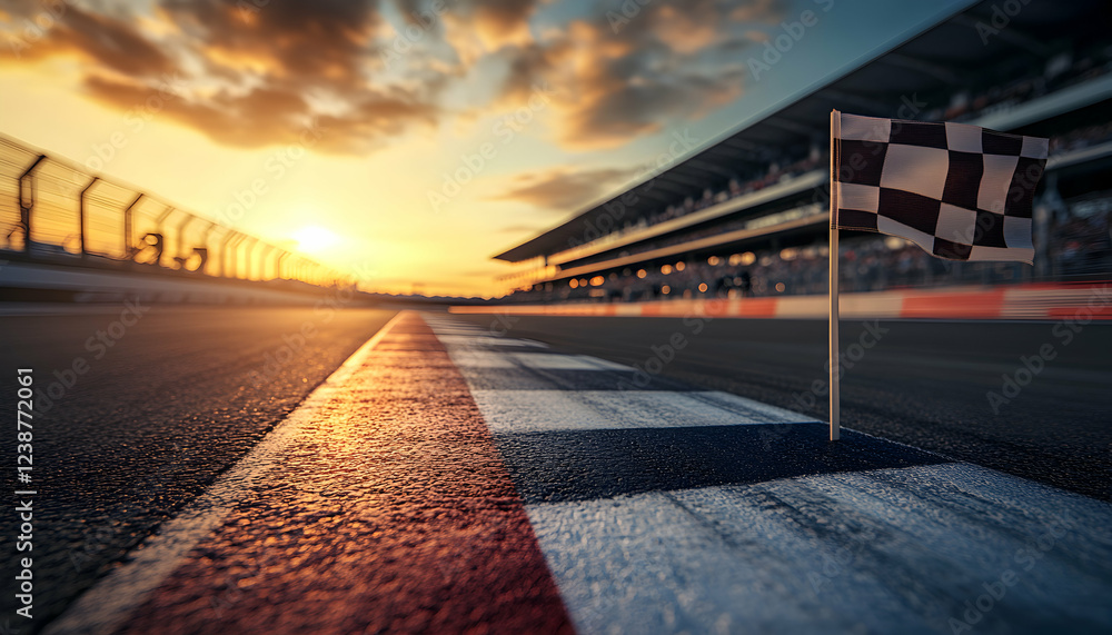 Fototapeta premium Sunset Finish Line: A checkered flag marks the end of a race at sunset, capturing the thrill of victory and the beauty of the golden hour.