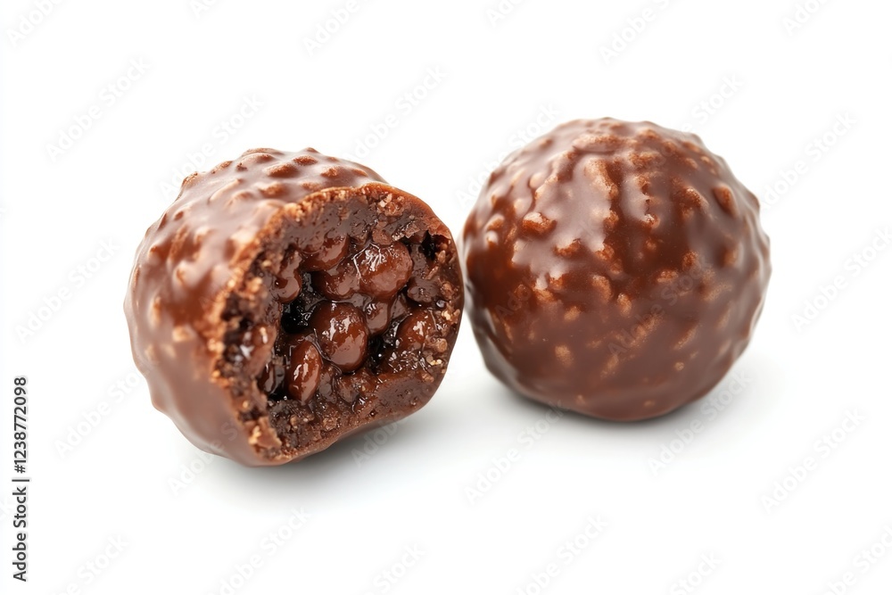 A chocolate covered candy with a hole in it. The chocolate is brown and has a crunchy texture A chocolate covered candy with a hole in it. The chocolate is brown and has a crunchy texture