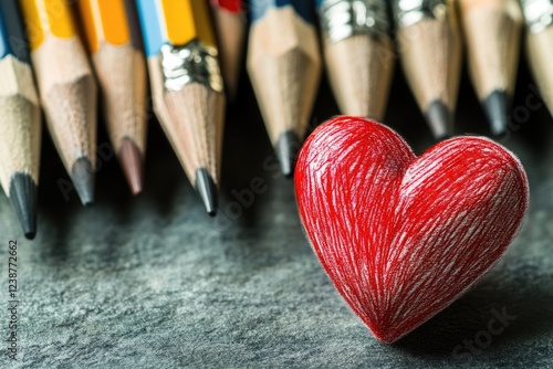 A creative workspace with a heart as a centerpiece, surrounded by colorful pencils photo