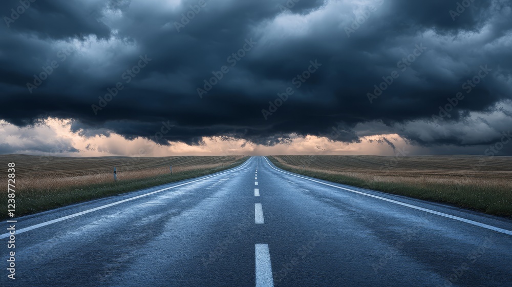 Naklejka premium A road against a stormy sky with dark clouds
