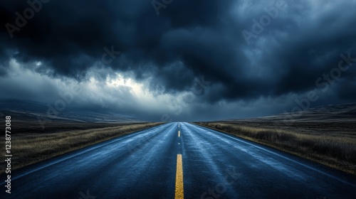 A road against a stormy sky with dark clouds
