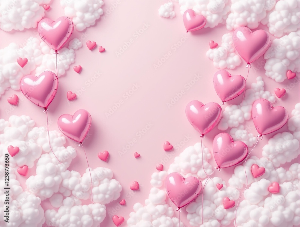 Fototapeta premium pink balloons drifting among fluffy clouds against a gentle pink backdrop
