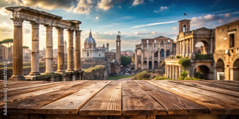 Fototapeta premium A worn wooden table top sits empty against a soft blur of ancient Roman architecture, with worn stone columns and crumbling archways in the background , rome cityscape, rustic wood