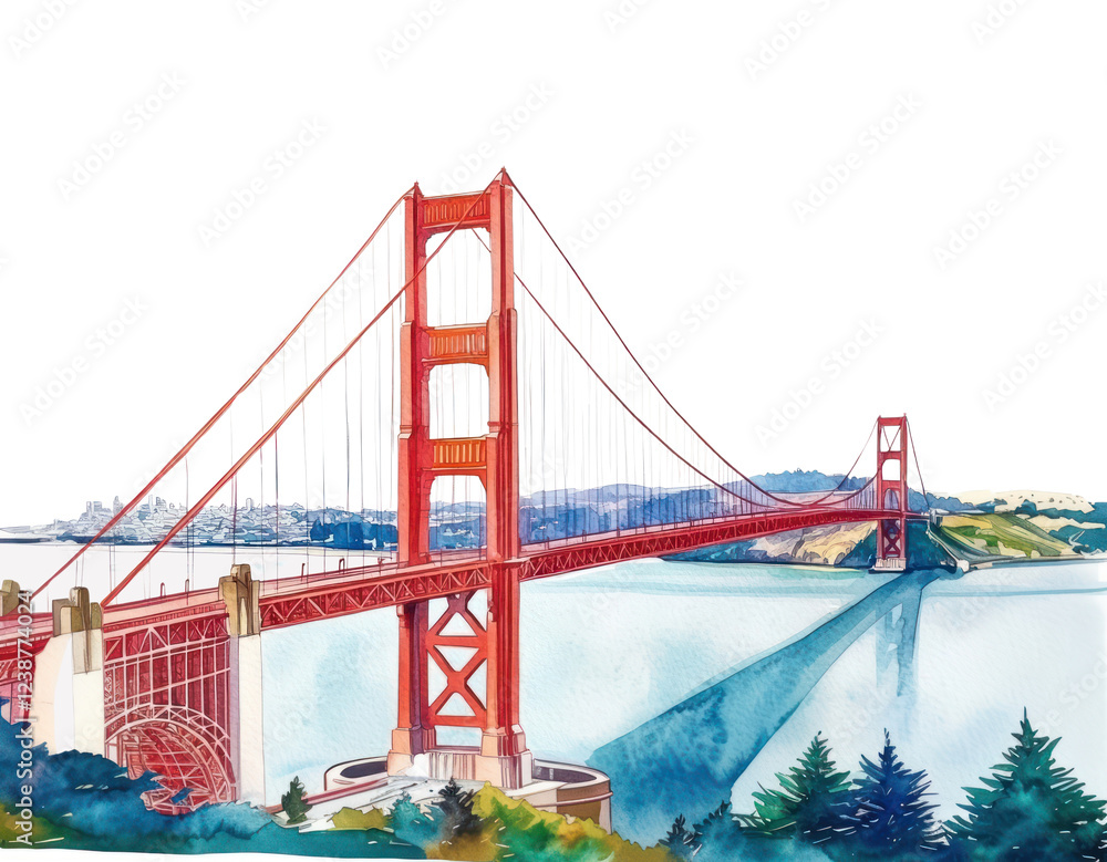 Fototapeta premium PNG Golden gate bridge illustration watercolor francisco.